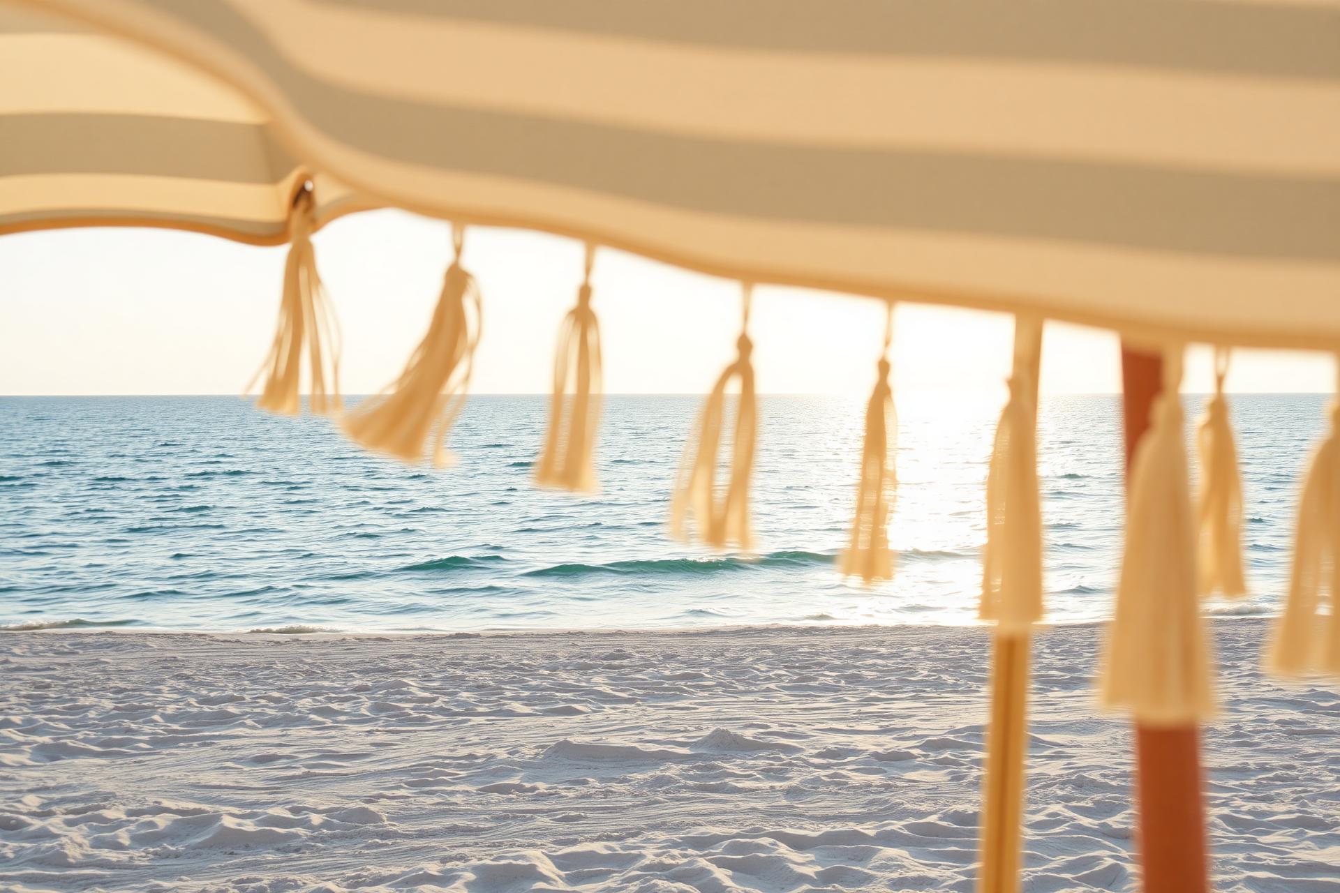 Silk umbrella over the ocean at golden hour
